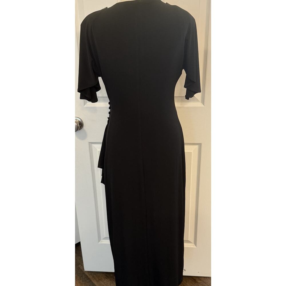 J Peterman Cocktail Dress LBD Sz 6 Black Ruched Rhinestones Ruffle Button Detail - Picture 7 of 16